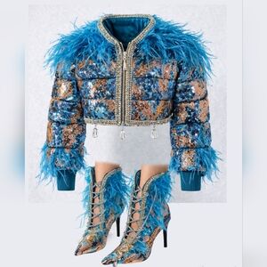 Sequin Feather Puffer Jacket in Blue and Gold